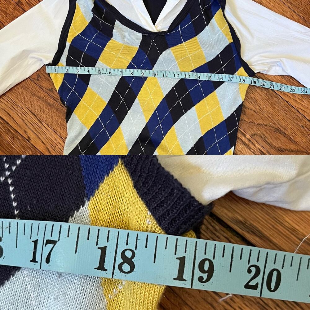 90s Vintage NY&Co Argyle Sweater Shirt Medium Faux Layered Y2K Preppy Academia - Picture 8 of 16